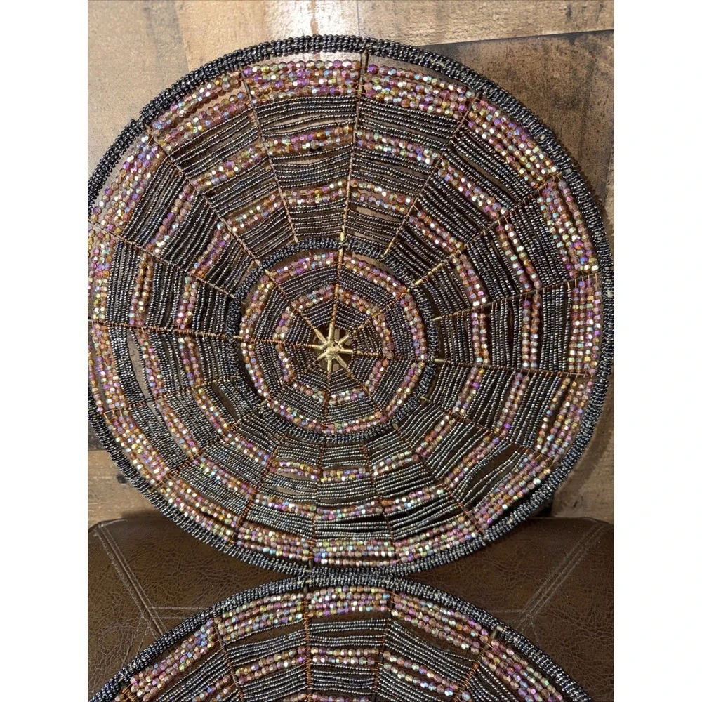 Set Hand Beaded Round Placemat Metallic Glass Seed Bead Spiderweb Starburst‎ Mat